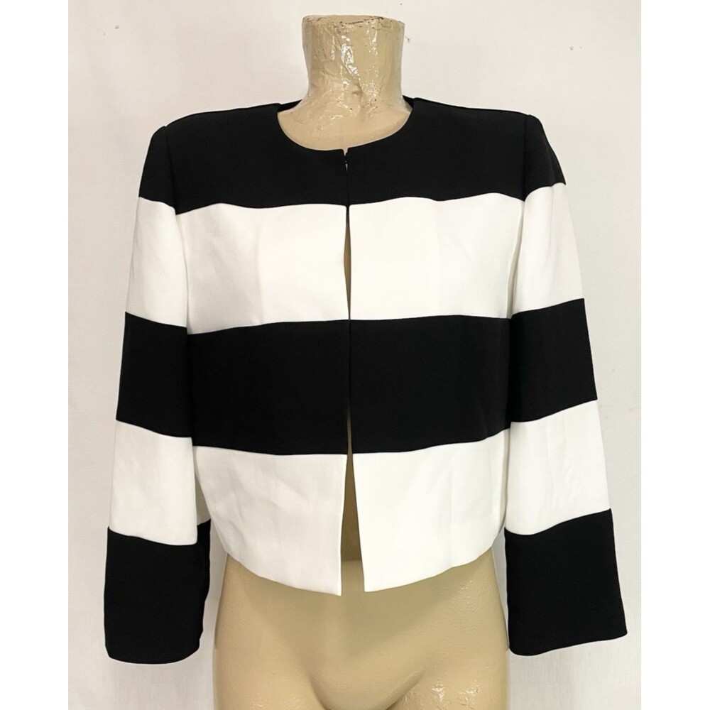 Chico's Black Label Jacket Size 1 38” Black White Striped Lined Long Sleeve